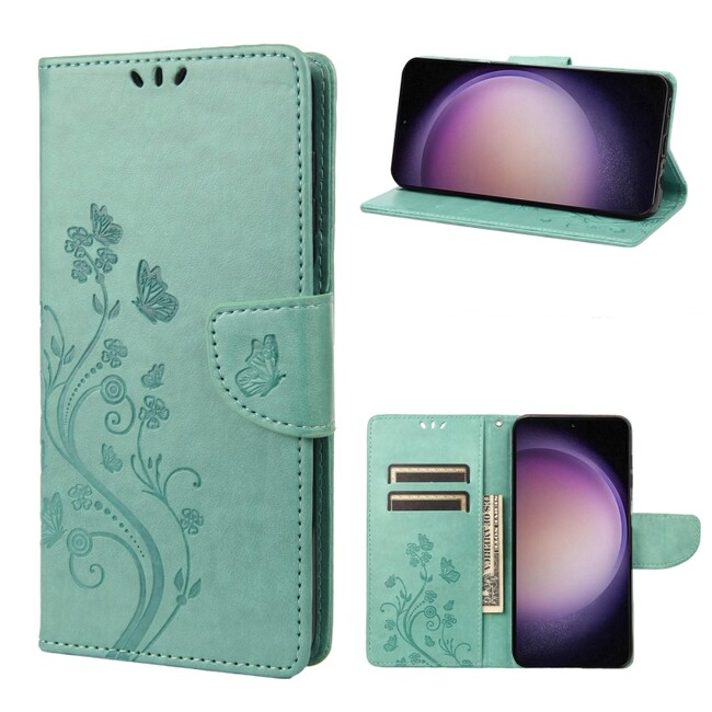 Peňeženkové kožené pouzdro BUTTERFLY pro Samsung Galaxy S23 5G – Zelená