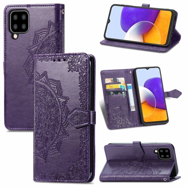 Peňeženkové kožené pouzdro MANDALA na Samsung Galaxy A22 4G - Fialová