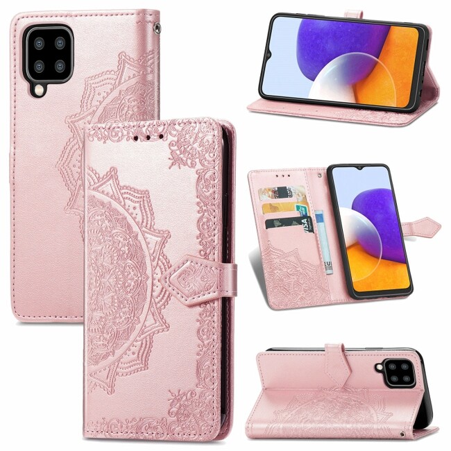 Peňeženkové kožené pouzdro MANDALA na Samsung Galaxy A22 4G - Zlatoružová