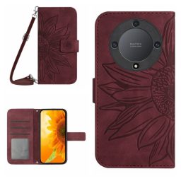 Peněženkové kožené pouzdro Sun Flower na Honor Magic5 Lite - Vínově červená