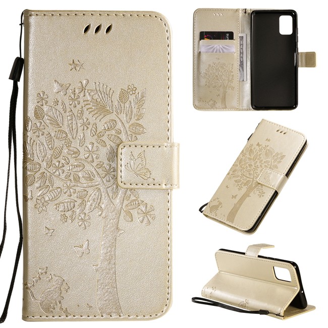 Peňaženkové kožené puzdroTree & Cat Pattern na Samsung Galaxy A40 -zlatá